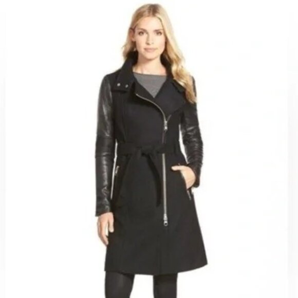 Mackage Dale Black Trench Coat with Leather Sleeves - Picture 3 of 13
